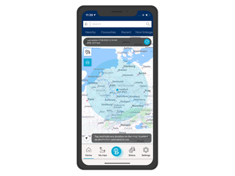 Snímek obrazovky aplikace Hyundai Bluelink® na chytrém telefonu: zbývající dojezd.