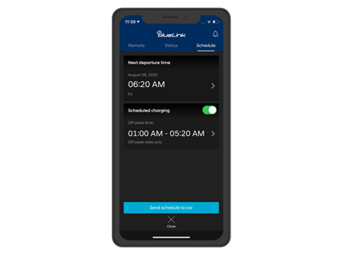 Snímek obrazovky aplikace Hyundai Bluelink® na chytrém telefonu: plán nabíjení.
